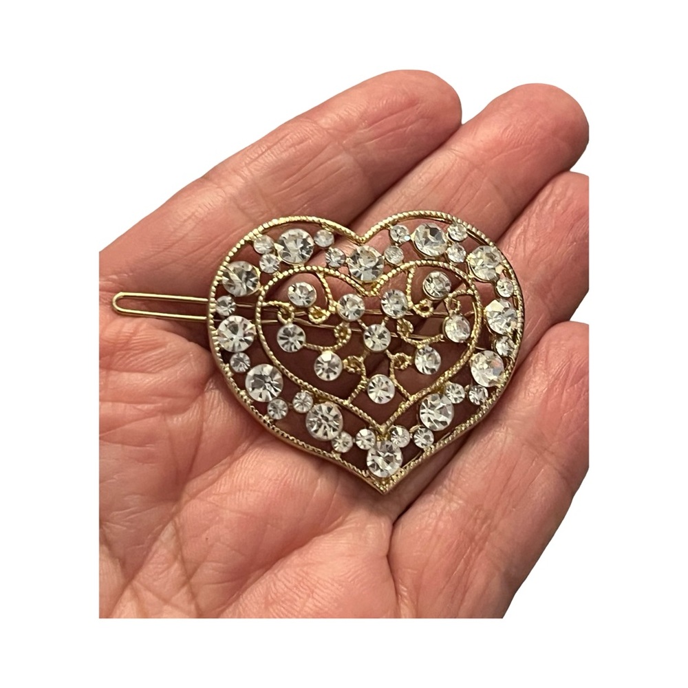 Gold Heart Crystal Rhinestone Hair Clip with Crystals 2.5”